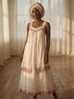 Vintage Ethiopian Handmade Traditional Dress and Wrap Ivory Embroidered Maxi